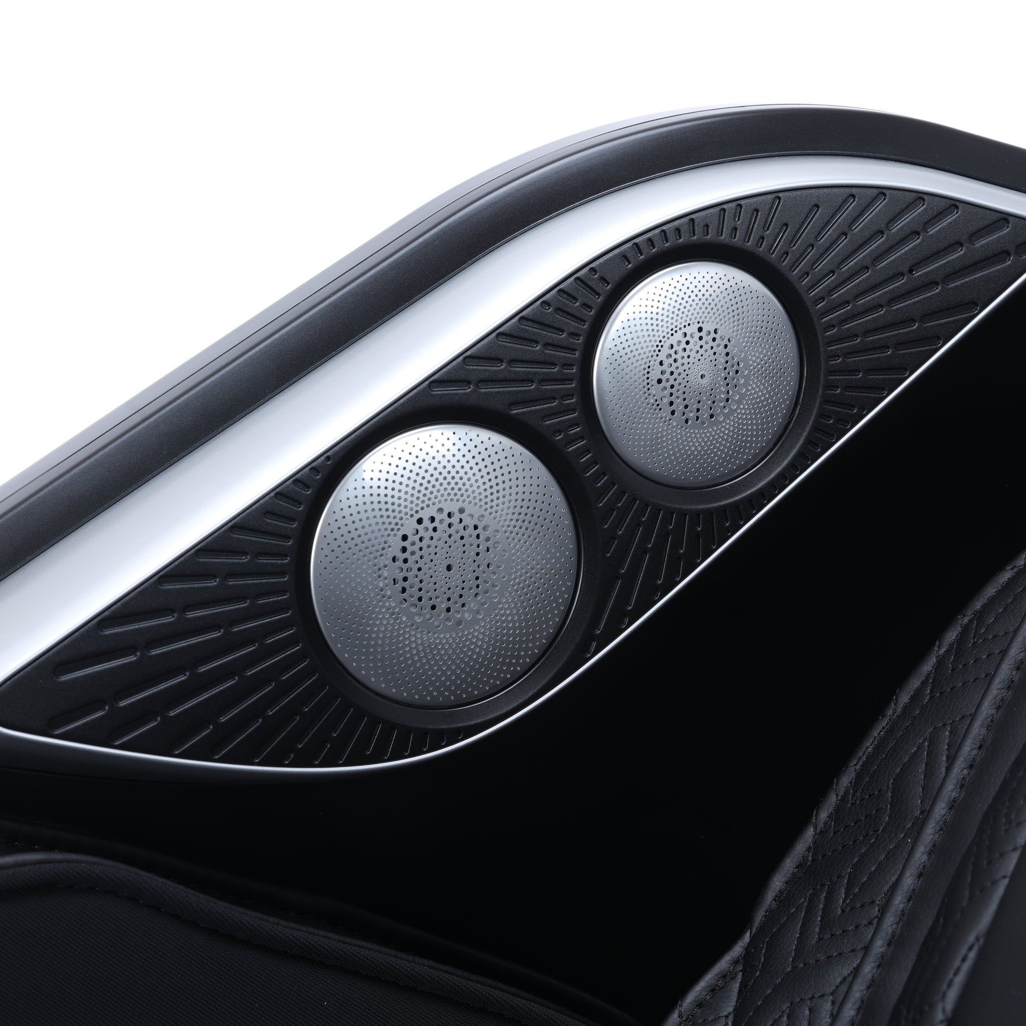 Osaki One Pro 4D massage chair in black — close-up of the built-in Bluetooth speakers
