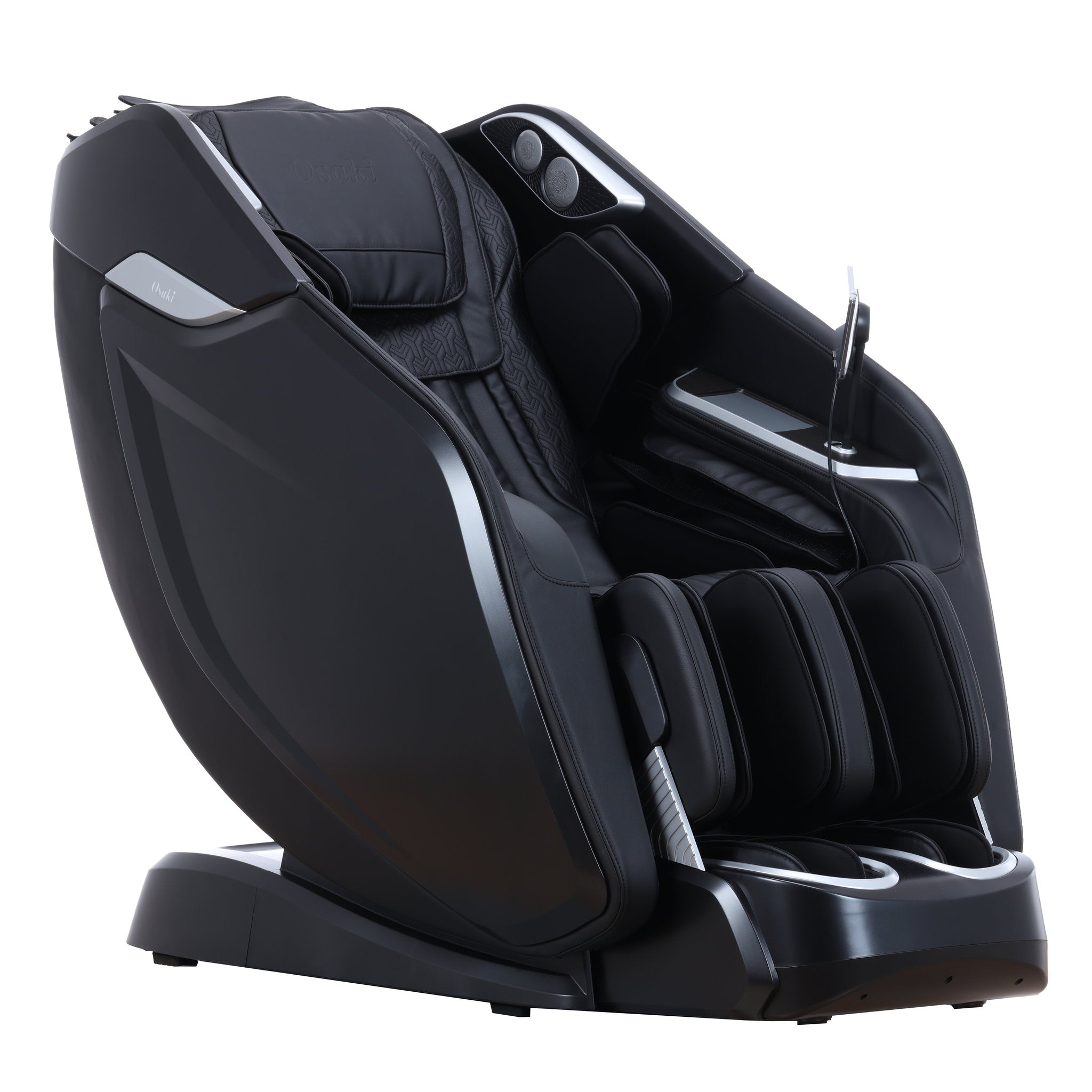 Osaki One Pro 4D massage chair in black — angled side view