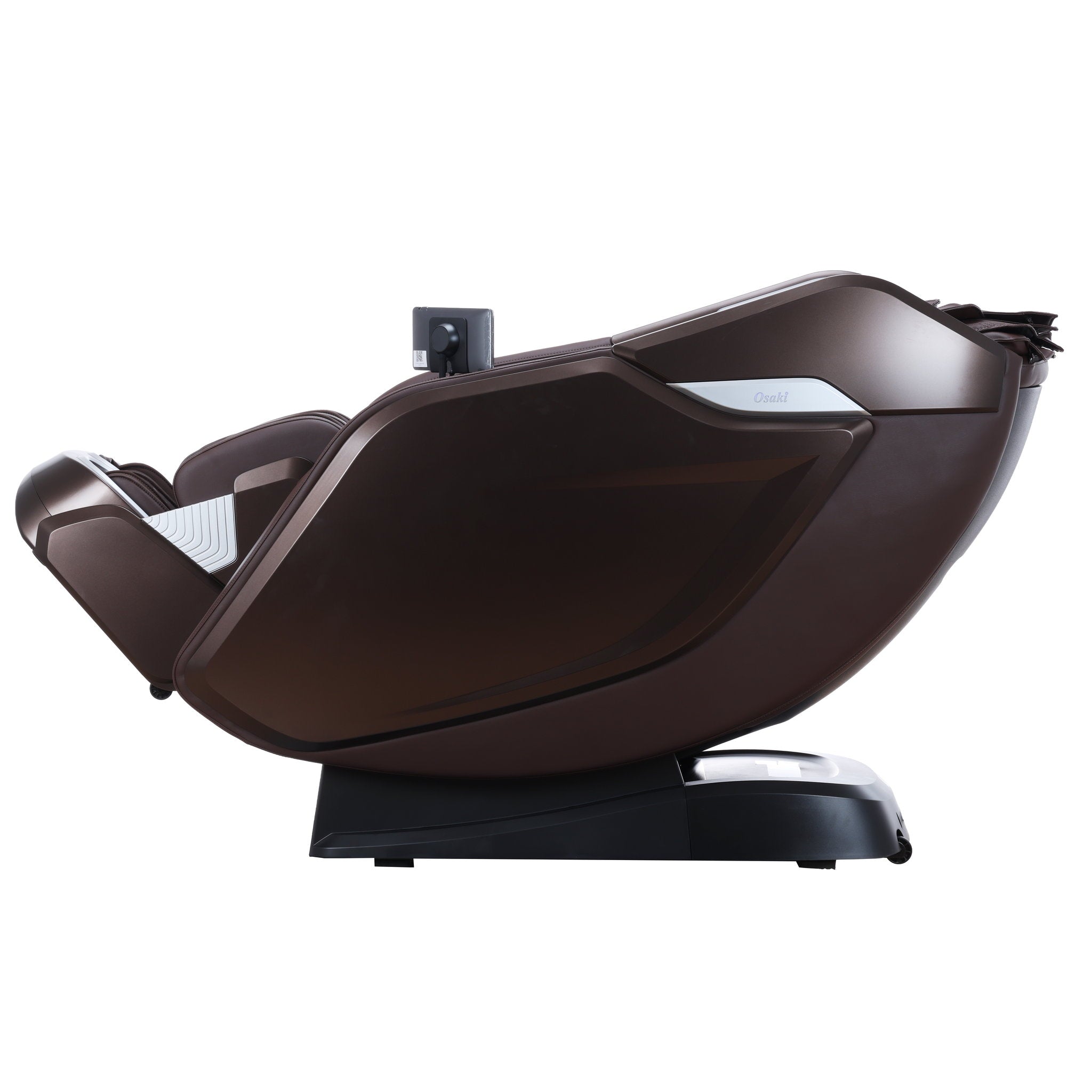 Osaki One Pro 4D massage chair in brown — in a deep recline position
