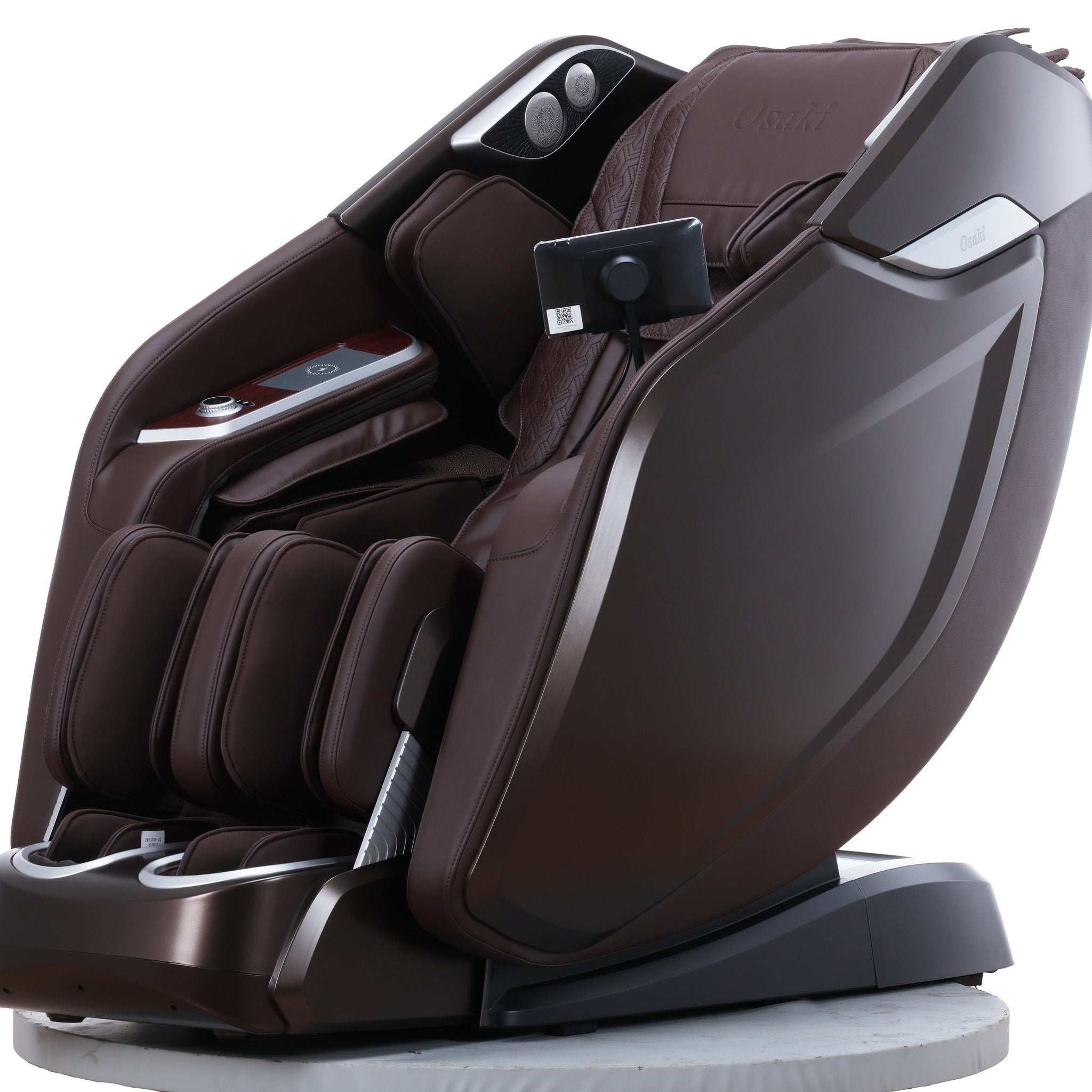 Osaki One Pro 4D massage chair in brown — angled front view, fully extended