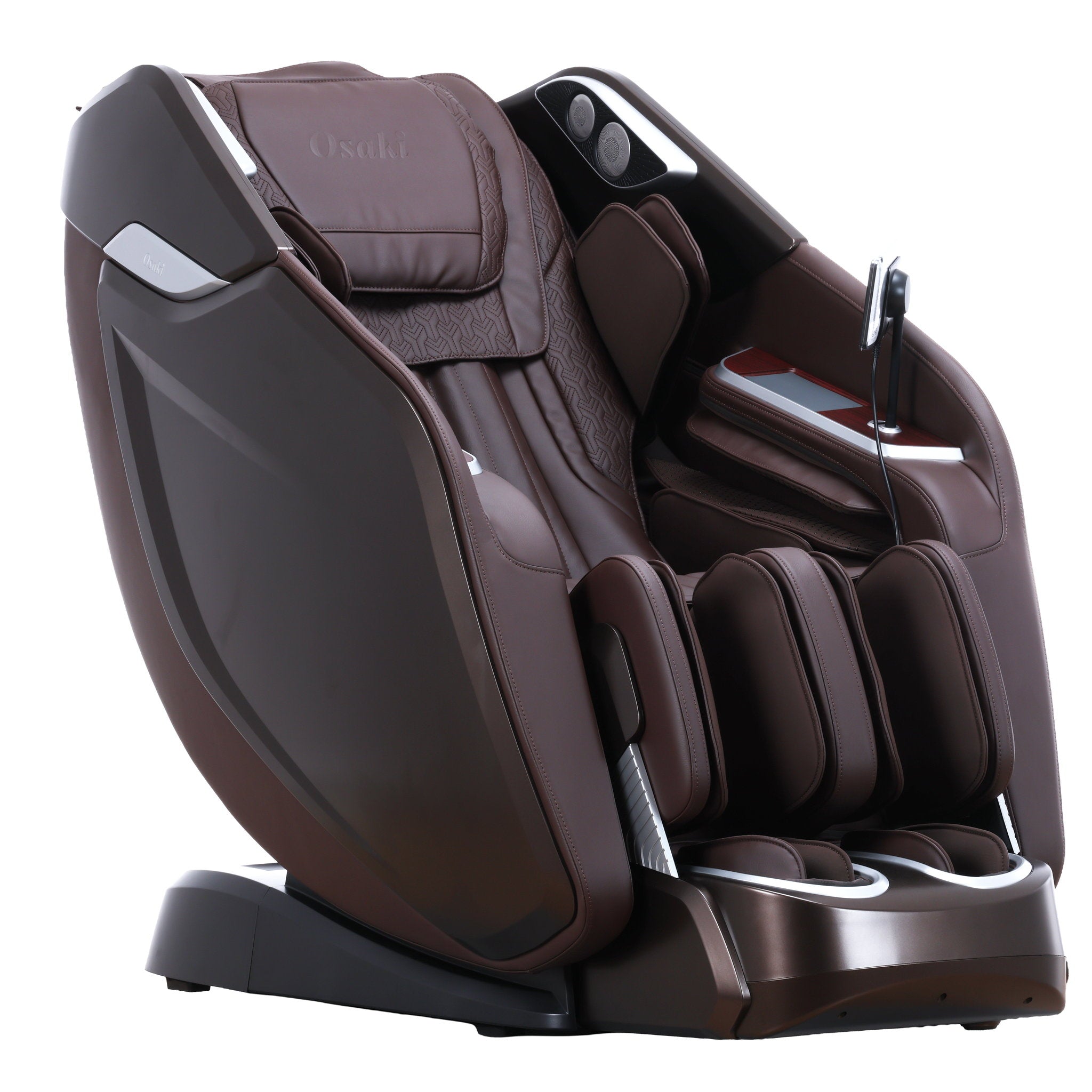 Osaki One Pro 4D massage chair in brown — angled side view