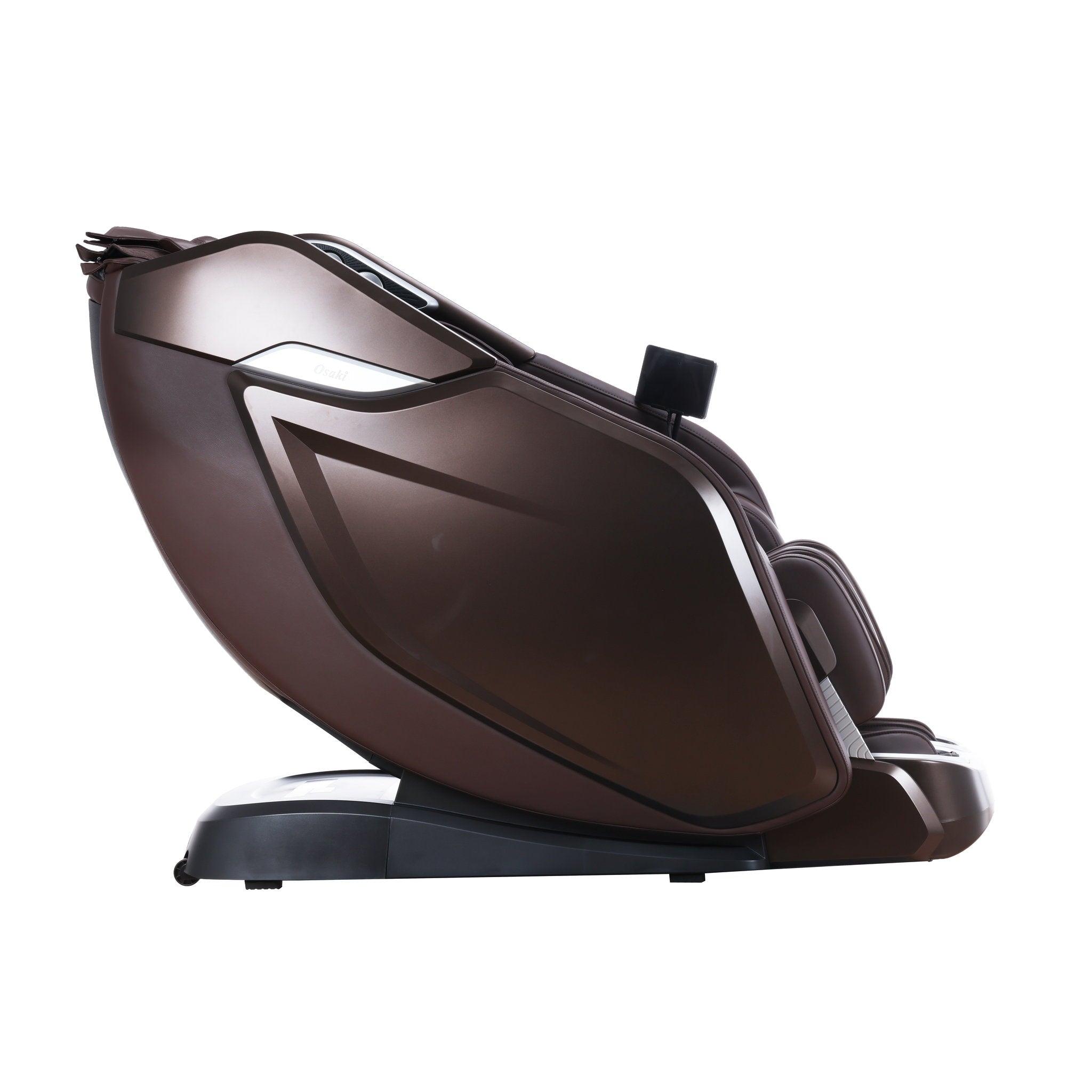 Osaki One Pro 4D massage chair in brown — in the upright seated position