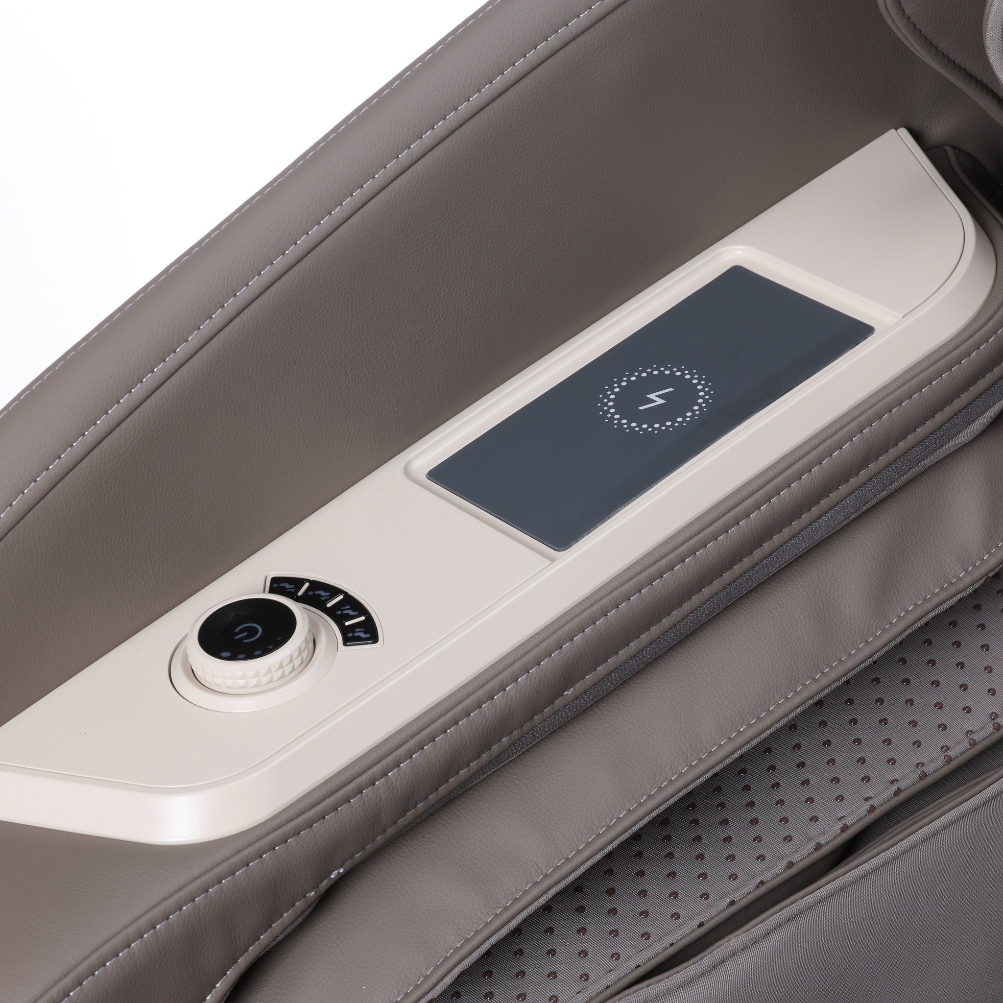 Osaki One Pro 4D massage chair in taupe — close-up of the armrest control panel