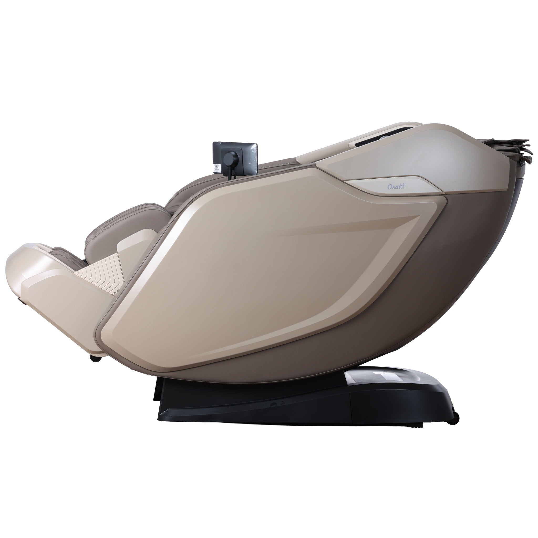 Osaki One Pro 4D massage chair in taupe — in a deep recline position