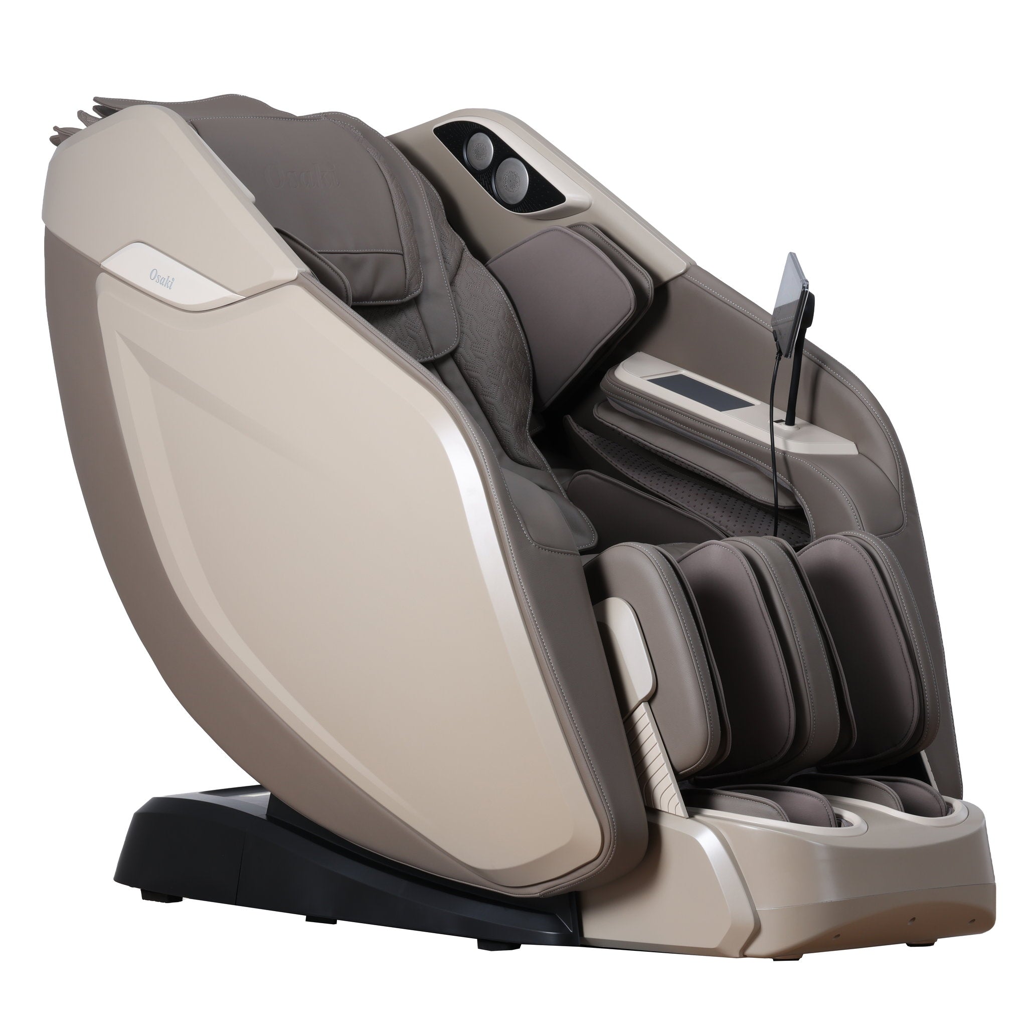Osaki One Pro 4D massage chair in taupe — angled front view, fully extended