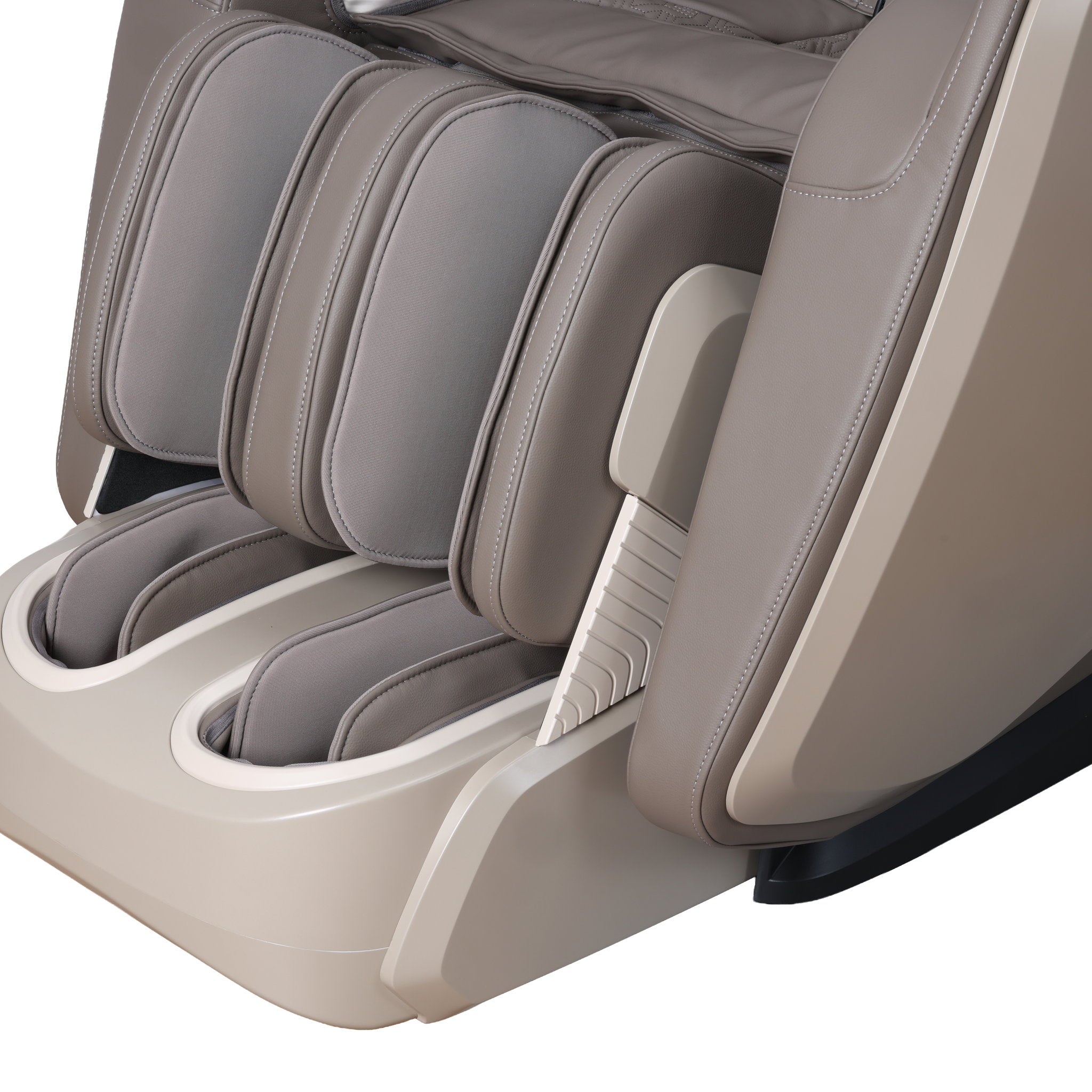 Osaki One Pro 4D massage chair in taupe — close-up of the extended leg rest and calf massagers