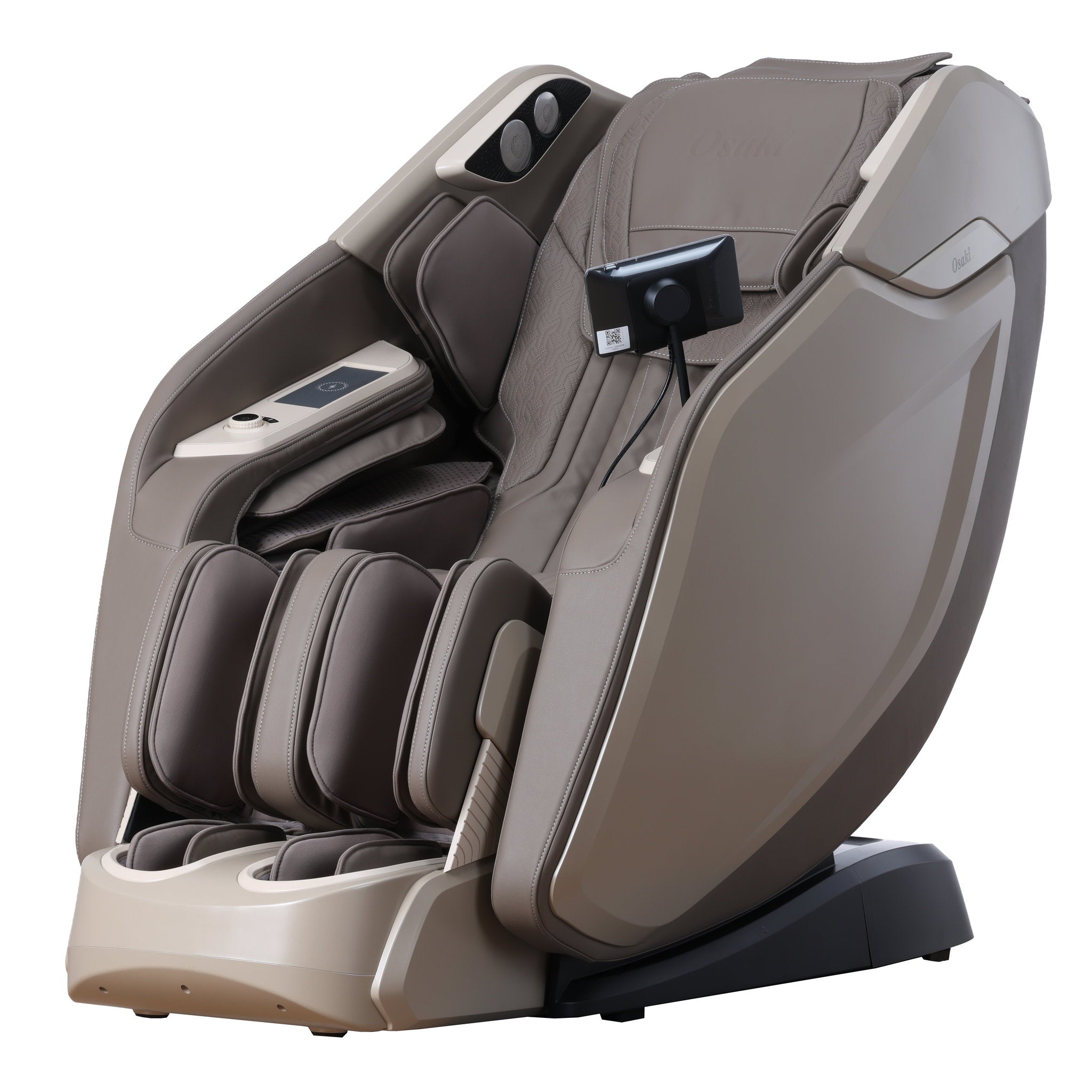 Osaki One Pro 4D massage chair in taupe — angled side view