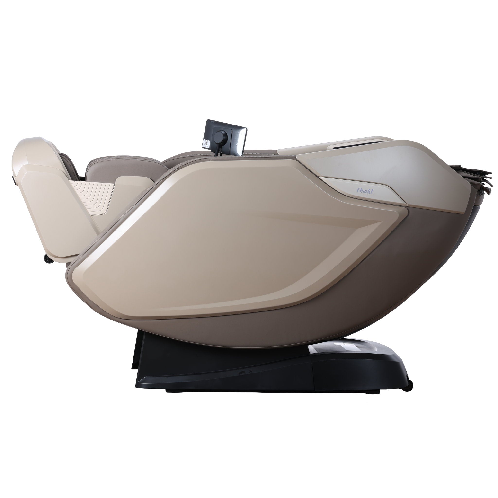 Osaki One Pro 4D massage chair in taupe — in the zero gravity recline position